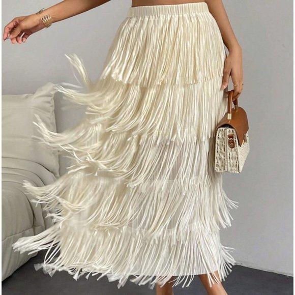 . Dresses & Skirts - High Waist Fringe Trim Skirt Cream